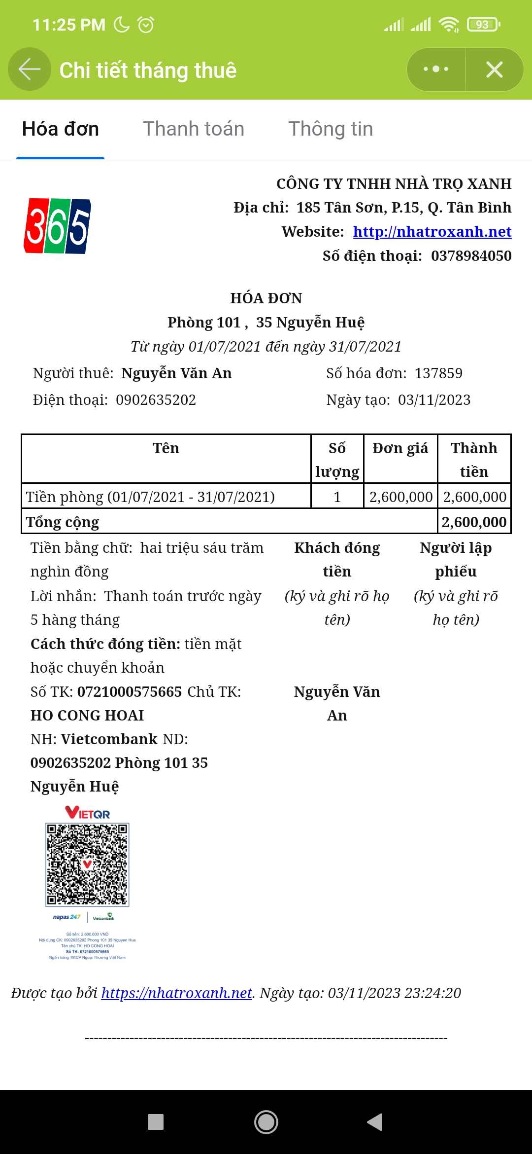 thông tin hóa đơn của người thuê