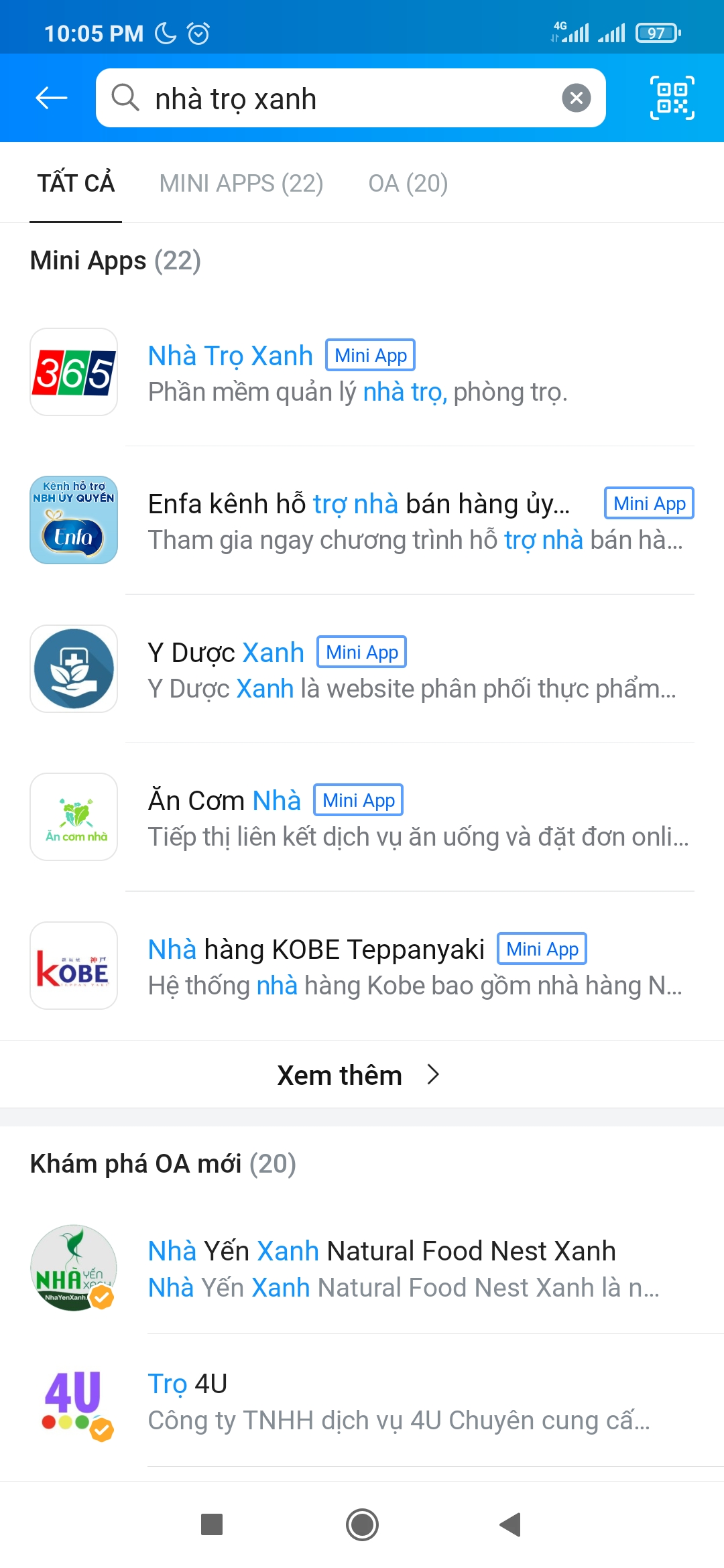 Tìm kiếm Nhà Trọ Xanh trên App Zalo