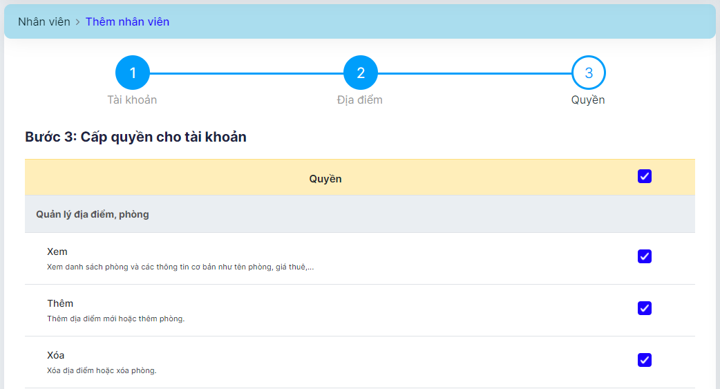 cấp quyền cho tài khoản nhân viên