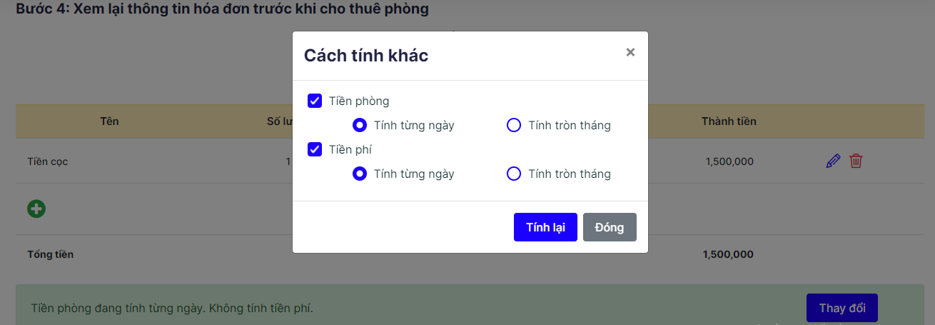 chọn cách tính tiền khi cho thuê phòng