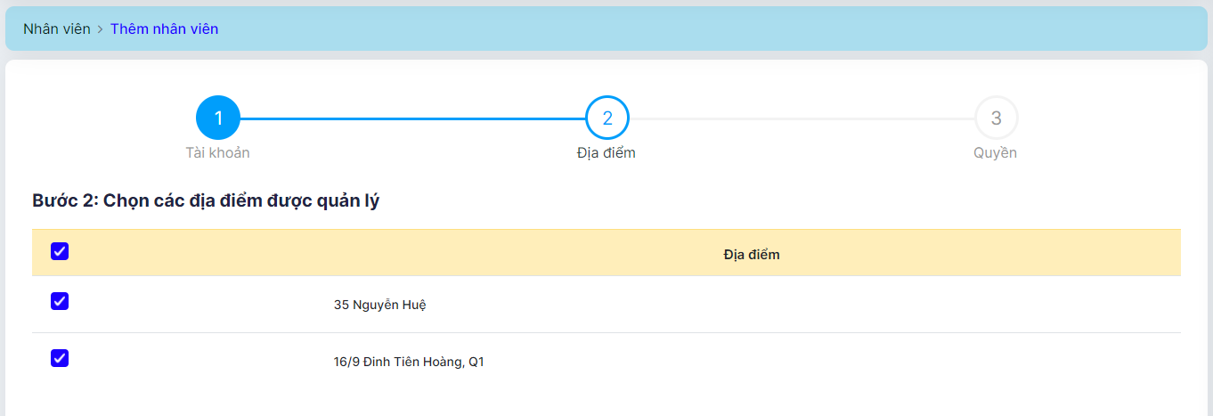 chọn địa điểm quản lý nhân viên