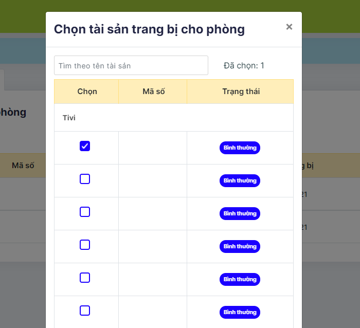 chọn tài sản trang bị cho phòng