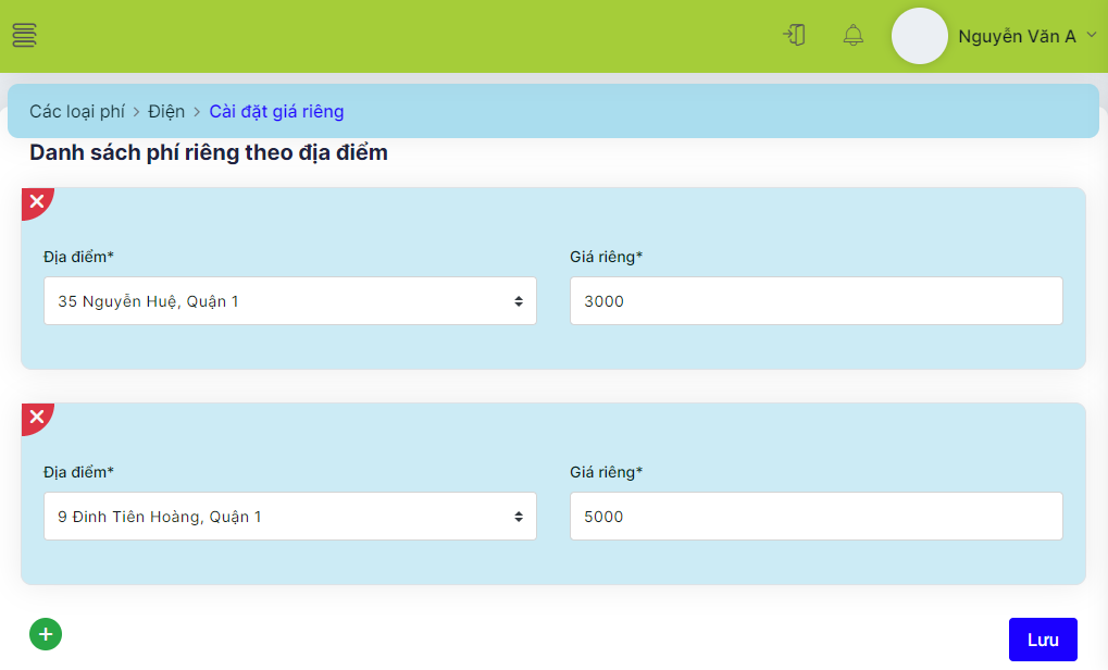 giá riêng cho từng địa điểm