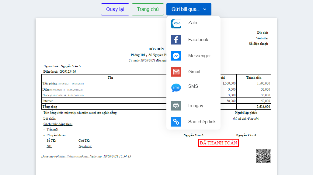 gửi hóa đơn thuê phòng qua zalo, facebook, sms