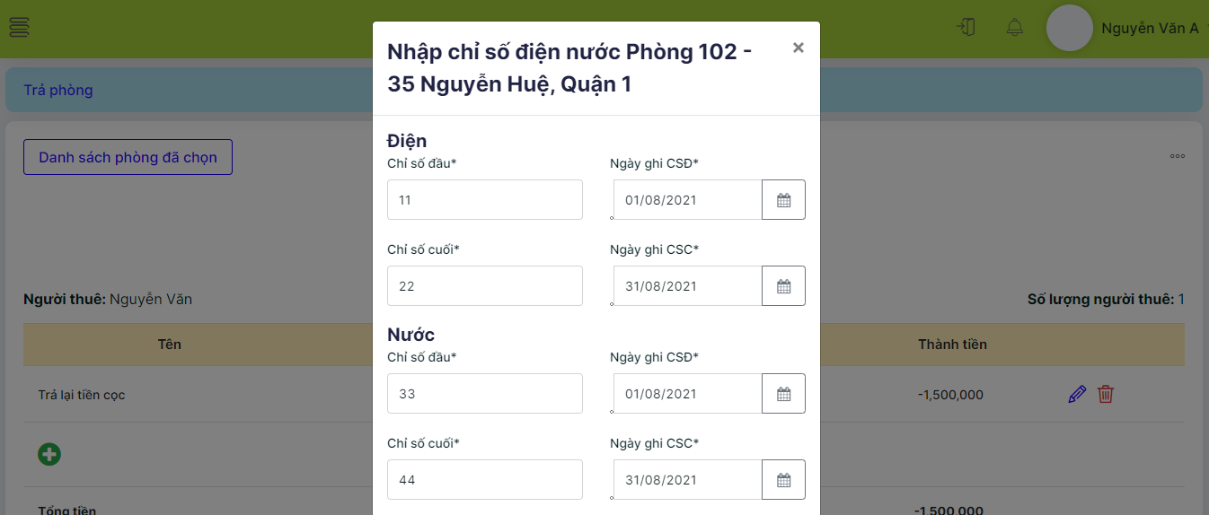 nhập chỉ số điện nước khi trả phòng