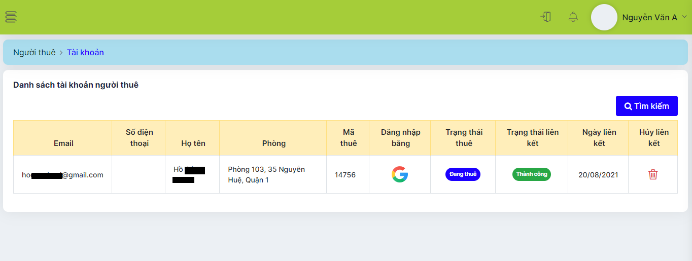 quản lý tài khoản người thuê